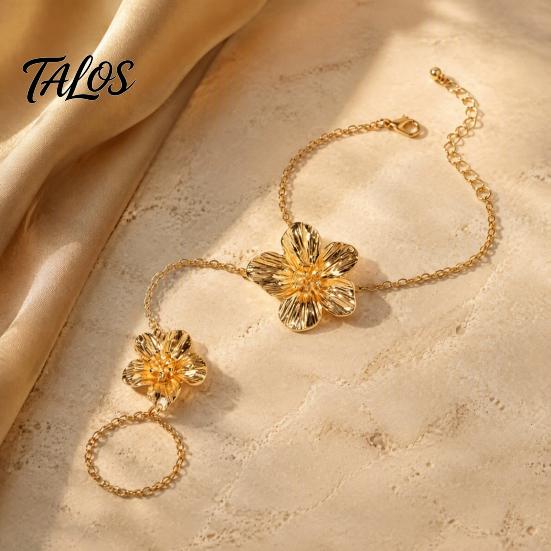 Adjustable Gold Chain Bracelet Flower Hand Link with Finger Ring for Matte Gilt Women Women, Hibiscus Flowers O Bracelet, Floral Fairy Jewelry