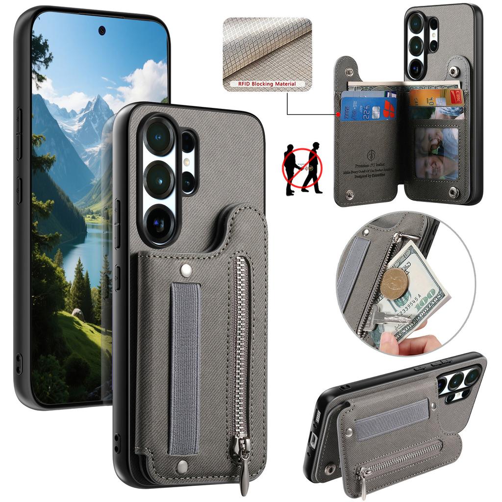 Magnetic Zipper Elastic Wrist Strap Cards Solt Wallet Leather Case For Samsung S25 Ultra S24 Plus S23 A17 A07 kickstand Cover