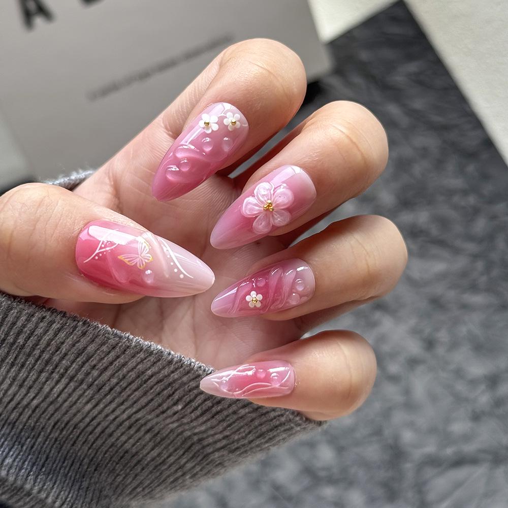 3D Glue Drip Flower Nail Art: 24 Skin-Brightening, Light Luxury Almond-Shaped Wearable Fake Nails