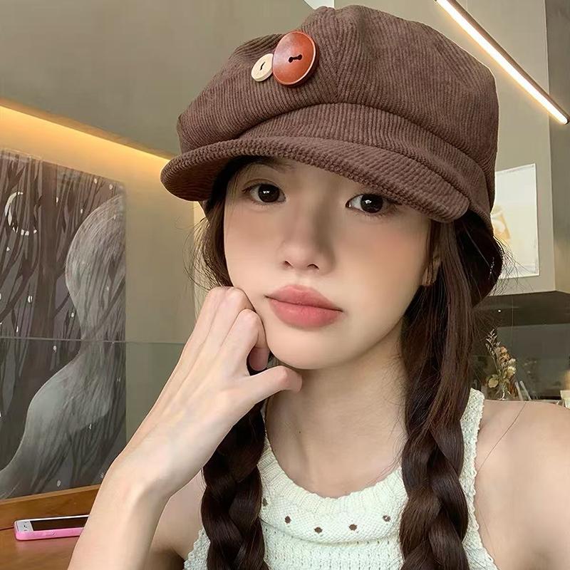 Women Corduroy Beret Hat Vintage Buttons Autumn Winter Octagonal Newsboy Cap Korean Girl Solid Color Painter Artist Peaked Hats