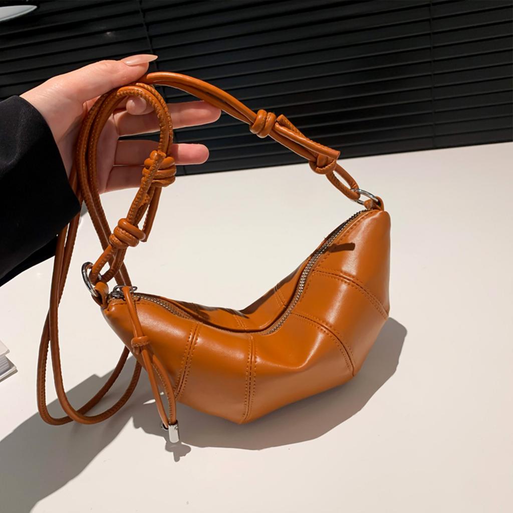 Shoulder Bag for Women Lightweight PU Croissant Shape Quilted details Knotted shoulder strap Large Capacity Zipper for Daily Use