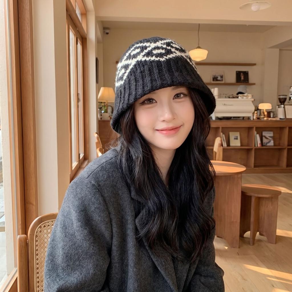 Plaid Fair Island Knitted Fisherman Hat Children's Winter Retro Face Small Thermal Basin Hat Fashion Versatile Wool Hat