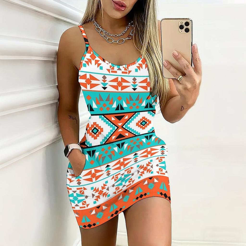 Summer New Retro Geometry and Lines Patterns Print Sleeveless Bodycon Dress with Pockets Sexy Slim Fit Elegant Party Dress