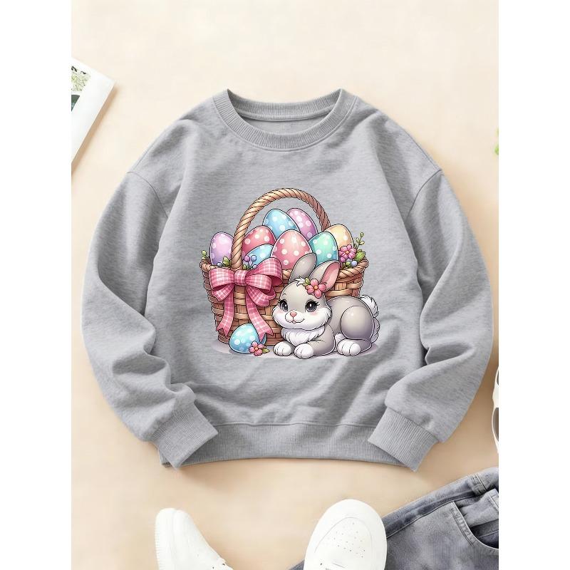 Kids Crewneck Sweatshirt, Easter Bunny & Colorful Egg Basket Print Top for Autumn Winter