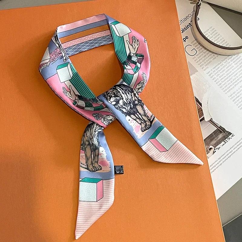 Silk Scarf Women Luxury Chain Print Bag Skinny Scarves Wraps Wrist Towel Foulards Neckerchief Headband Muslim Hijabs