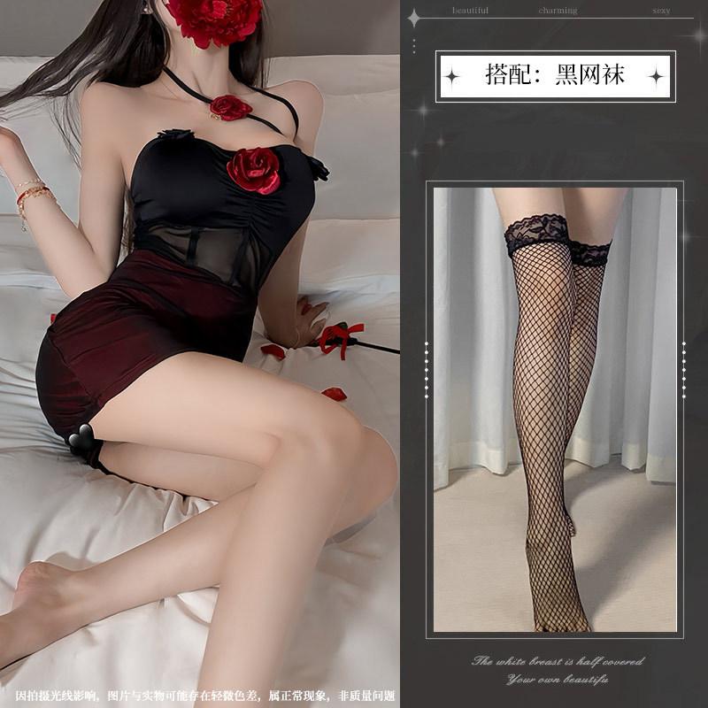 Dark Wind Spice Girl Perspective Mesh Three-dimensional Rose Neck Sex Underwear Sexy Backless Slim Dress