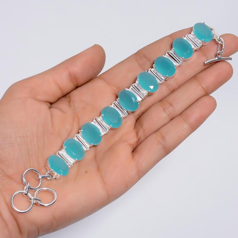 Splendid Top Grade Qualite 100% Natural Blue Chalcedony Oval Shape Ethnic Style Handmade Jewelry 925 Steling Silver Bracelet 6-8" WSJ-5184