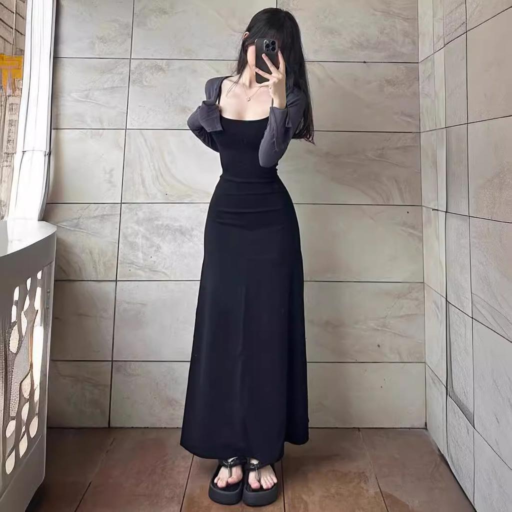 Black Spaghetti Strap Dress for Women, Summer Slim-fit Little Black Dress, Sleeveless Base Dress, French Long Skirt, Slimming Dress