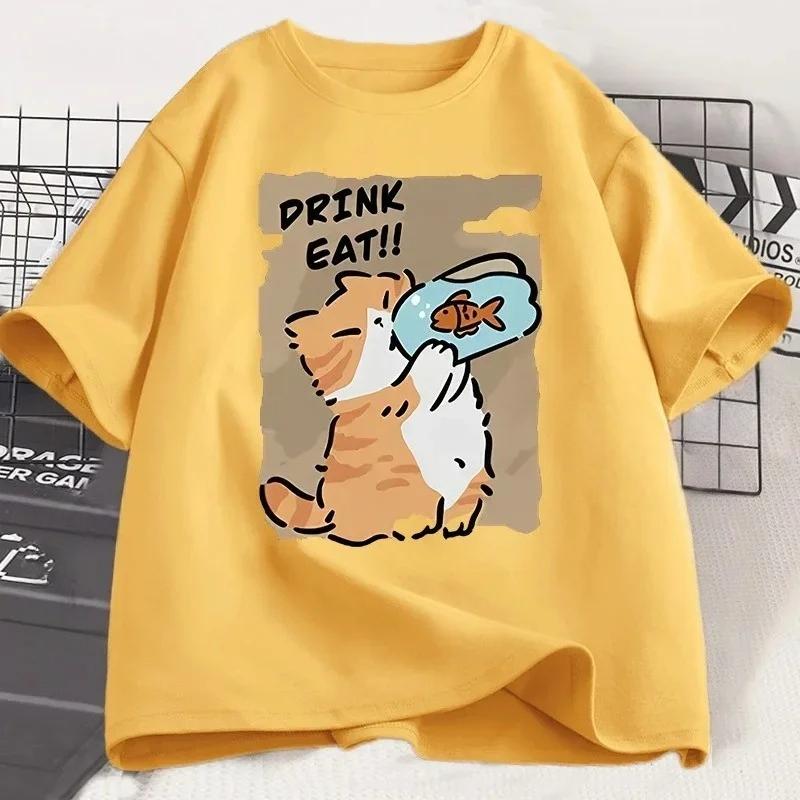 Fun Cat Eating Fish Printed Summer Tshirt Womens Round Neck Tshirt Casual Short Sleeve Fashion Top Womens Clothing S