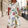 O-Neck Short Sleeve Pleated Midi Dress Pockets Loose Hem Women Floral Print A-Line Holiday Dress Daily Clothing