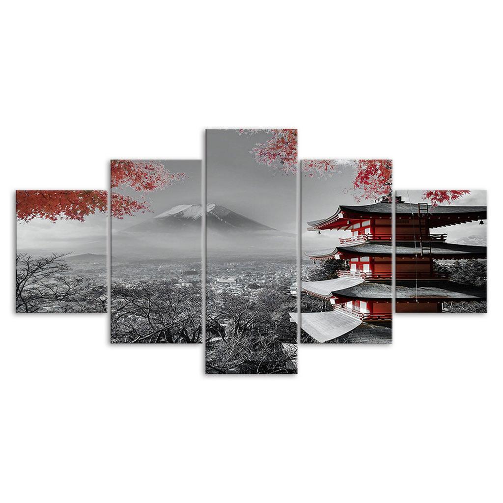 Japanischer Tempel Fuji 5-teilige Leinwand-Wandkunst Mehrpanel-Druck Modernes Kunstposter Heimdekoration Bild Geschenk Für Ihn Für Sie