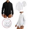 Long Sleeve Turn-Down Collar Bodysuit for Men: Button Front Solid Color One-Piece Casual Shirt Top