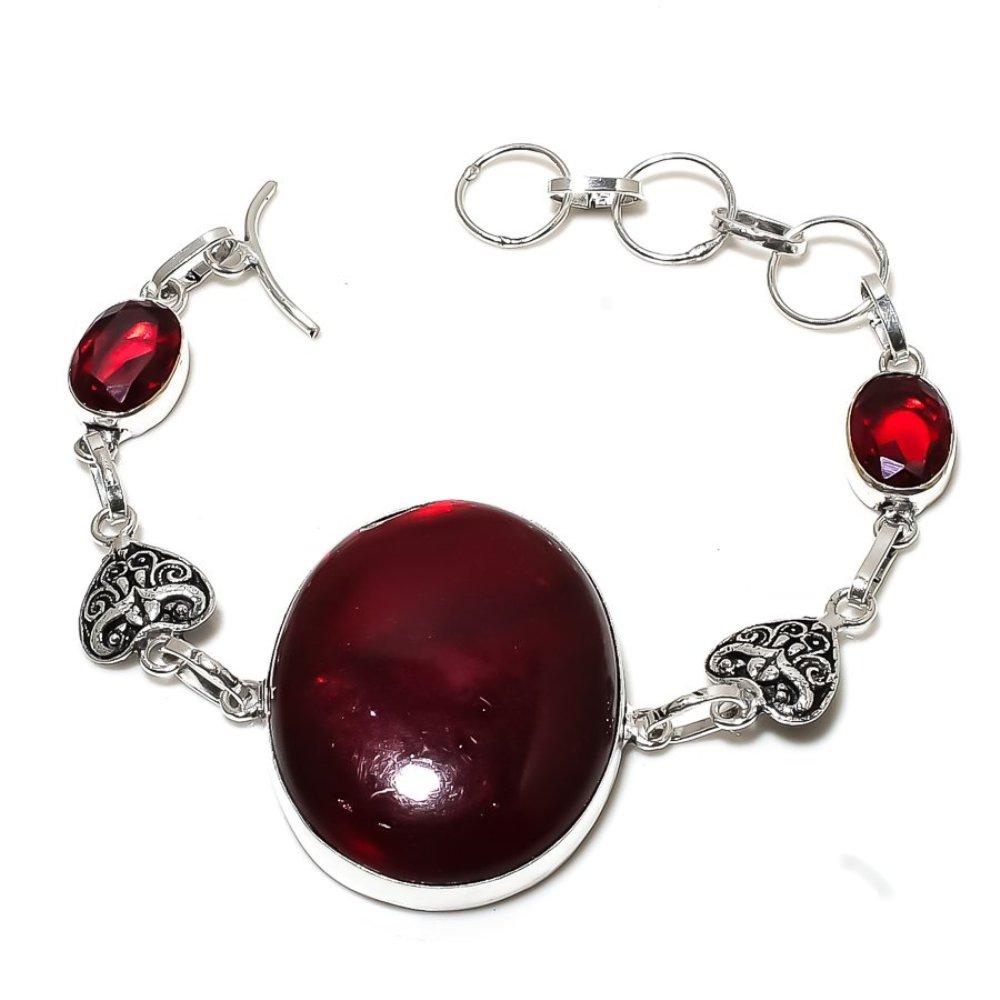 Natürlicher roter Labradorit, Granat Edelstein 925 Sterling Silber Armband 7-8" T2g95