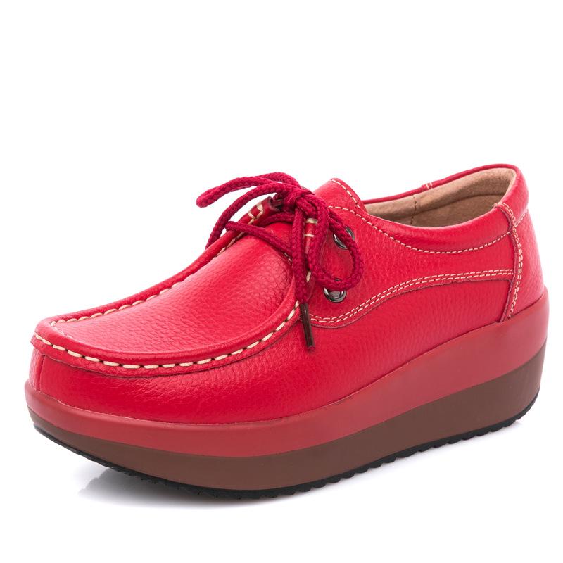 Genuine Leather Wedges Heels Shoes Fashion 5cm Platform Shoes Women Non-slip Walking Loafers