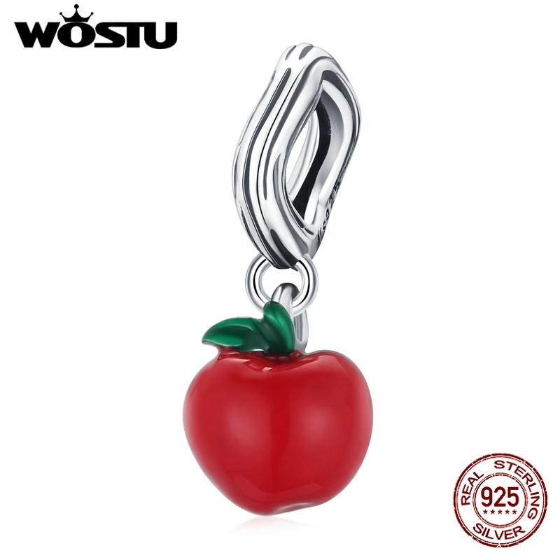 WOSTU Hypoallergenic Red Apples & Green Leaves 925 Sterling Silver Charm Pendant Beads Fit Original Bracelet Pendant Fine Jewelry