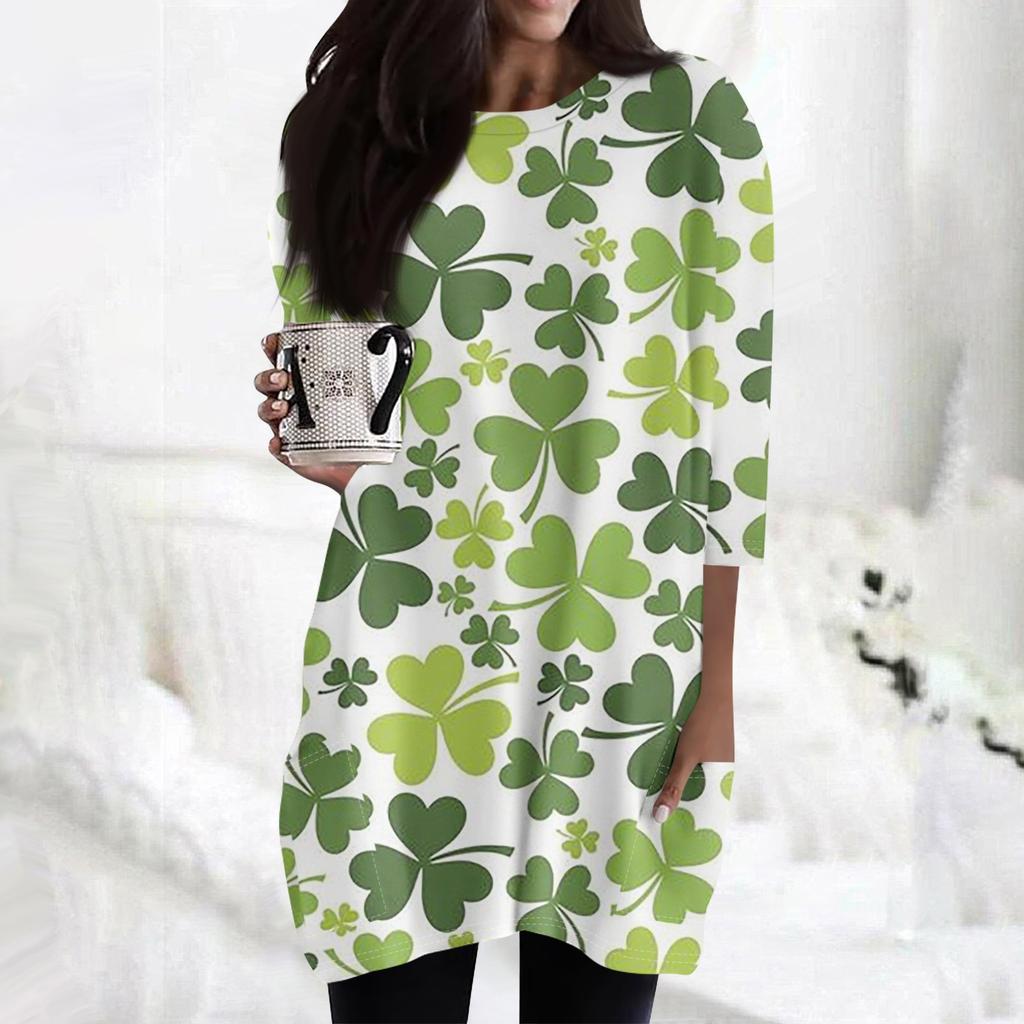 Women's  Casual 3/4 Sleeve Shirts Fashion St Patrick's Print Tunic Tops With Pockets