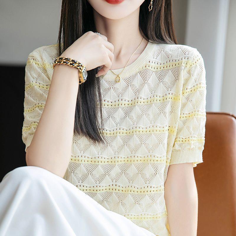 Summer Women's Knitted Short Sleeve T-shirt Round Neck Hollow T-shirt Loose Knitted Shirt Top