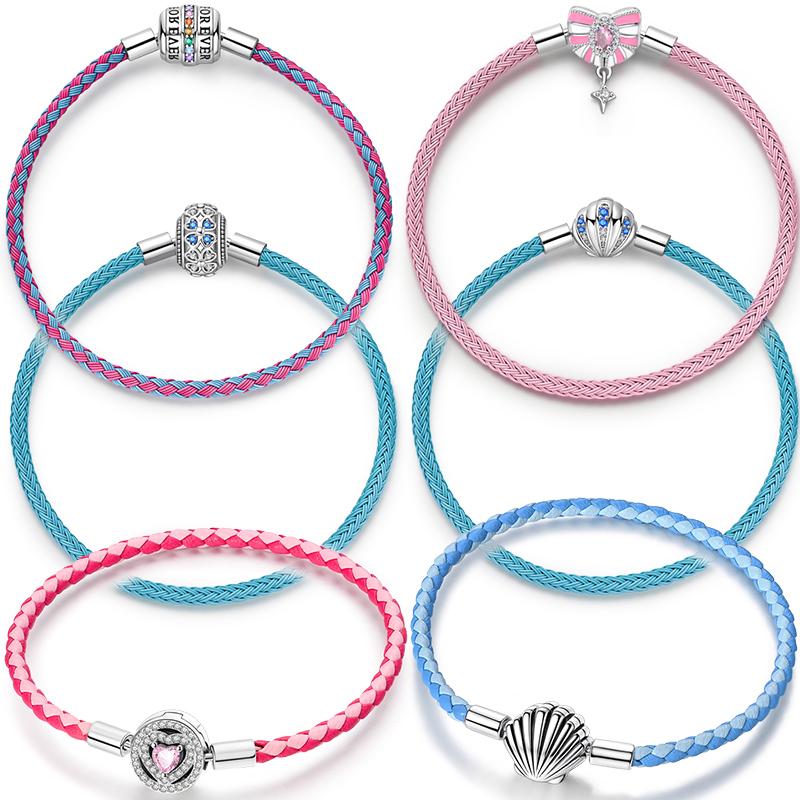 Bracelet 925 Silver Charm Bracelet 17-20CM Shell Blue Leather Rope Bracelet For Women DIY Charm Jewelry Gifts