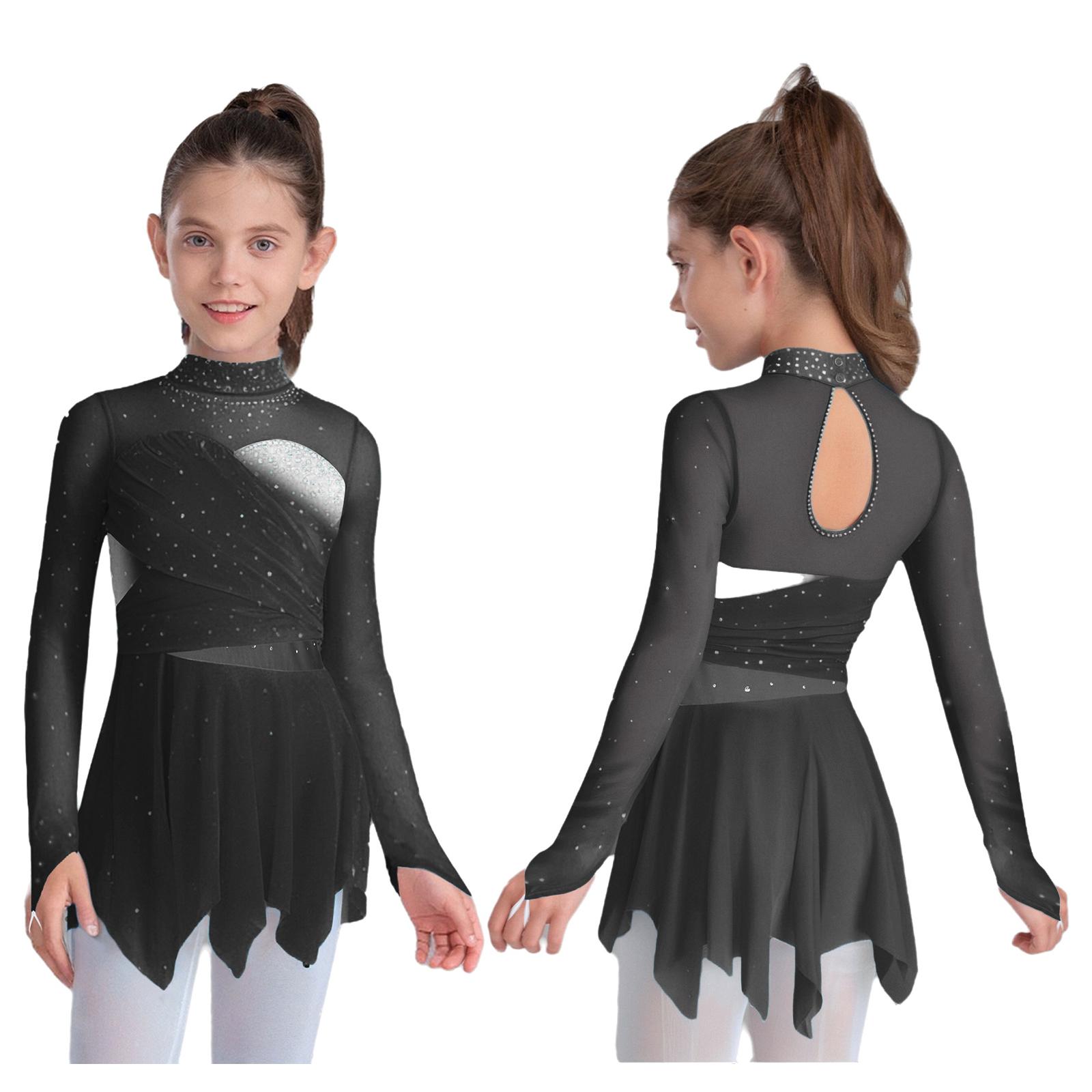 

Eye-Catching Dance & Skating Dress for Girls: Complete with Mock Neck, Sleeves, Rhinestones, Mesh & Hem Details 5-6 Years чорний
