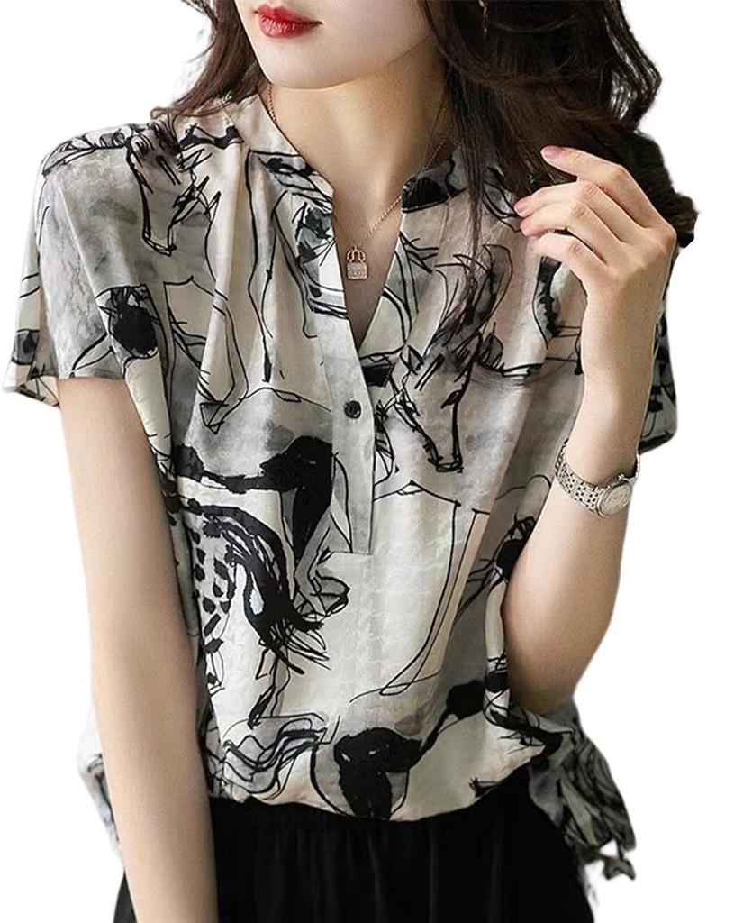 Neiman by Chiffon Blouse with Animal and Horse White and Short Summer Stylish White Elegant Business Short Sleeve Plus Sizes Cool Women's Print,