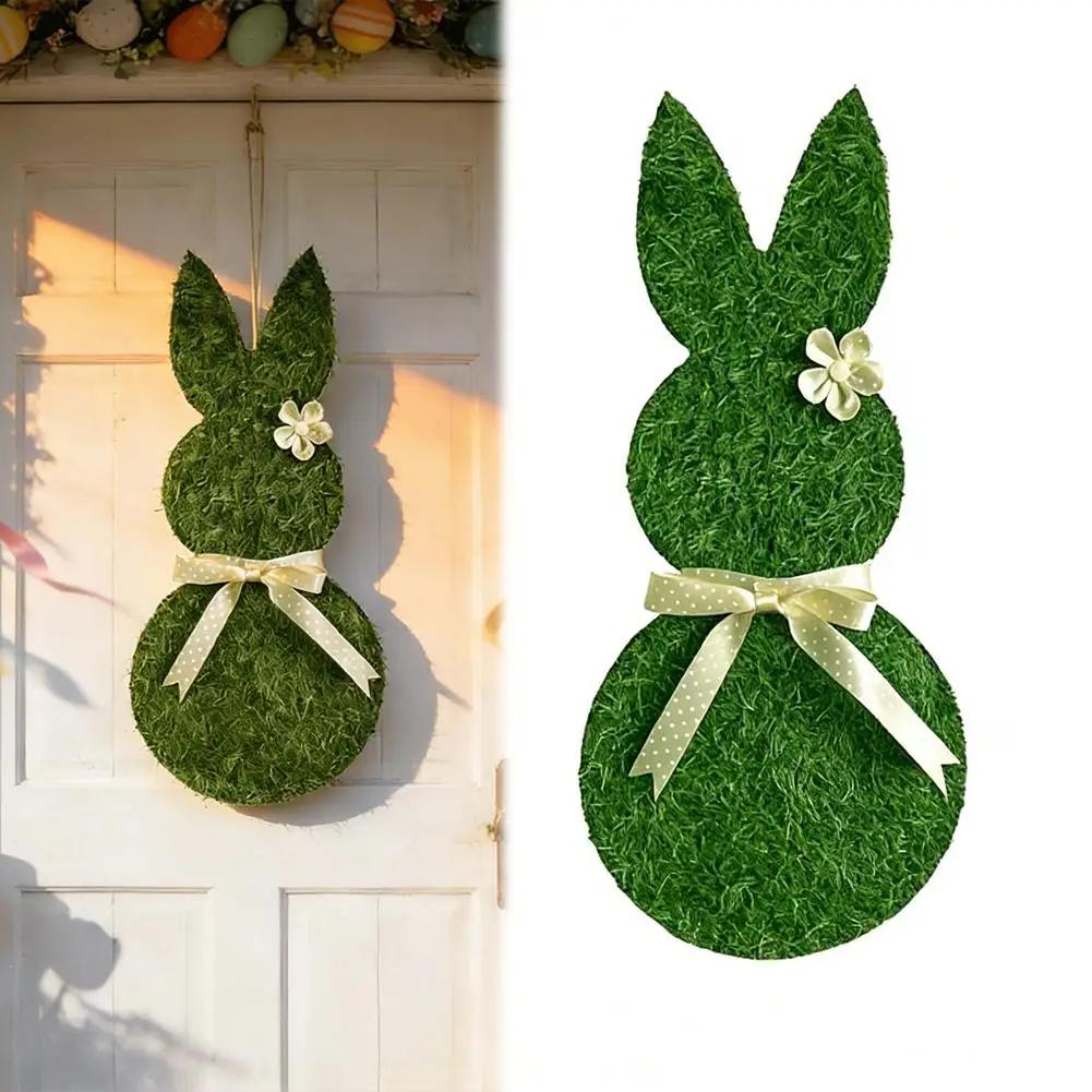Easter Bunny Decoration Easter Bunny Door Sign Wooden Wreath with Hanging Welcome Bow Farmhouse Rabbit Decor Artificial D0W8