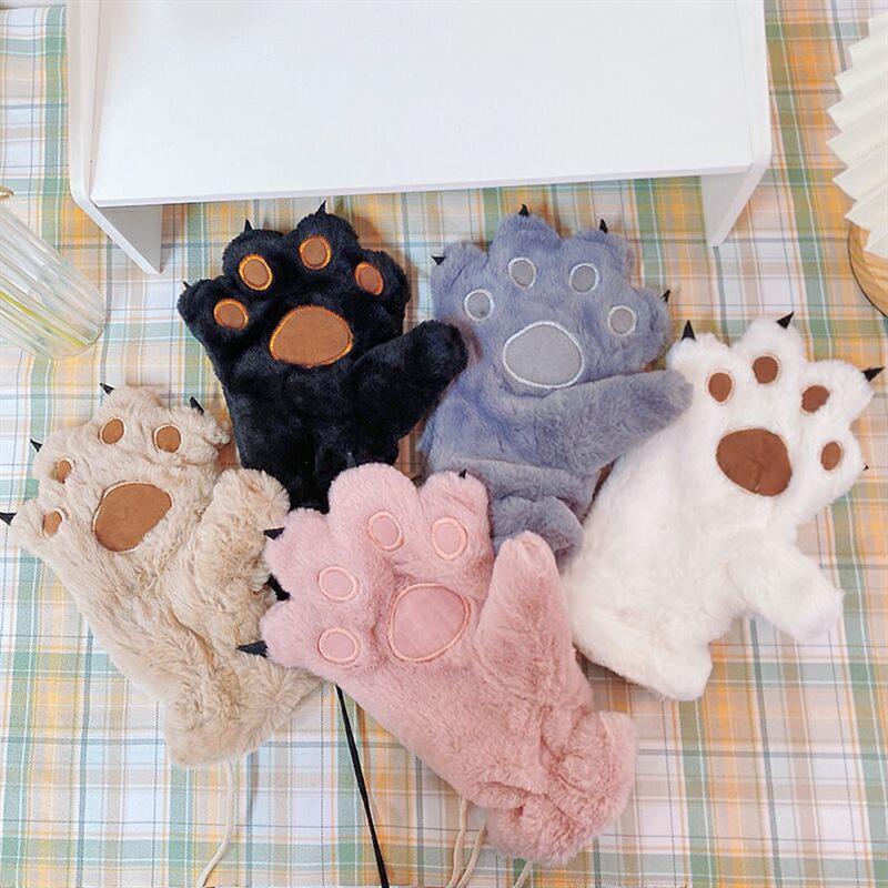 Cute Cartoon Bear and Cat Paw Plush Gloves for Girls - Warm, Thick Winter Riding Gloves with Neck Strap.