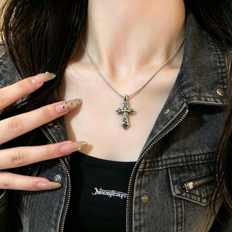 Vintage Graffiti Cross Necklace with Gold-Plated Rays - Unique Subculture Accessory