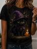 Halloween Women Witch Cat T-Shirt Cute Black Cat Pumpkin Graphic Tops Tee Summer Short Sleeve Crewneck Party Women Clothing