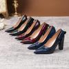 European & American Pointed Toe Chunky Heel Women's Work Shoes, Low Cut Flats, High Heels, Large Size 43.