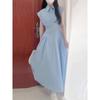 Retro literary style blue polo collar sleeveless dress gentle temperament waist a word long dress women's summer