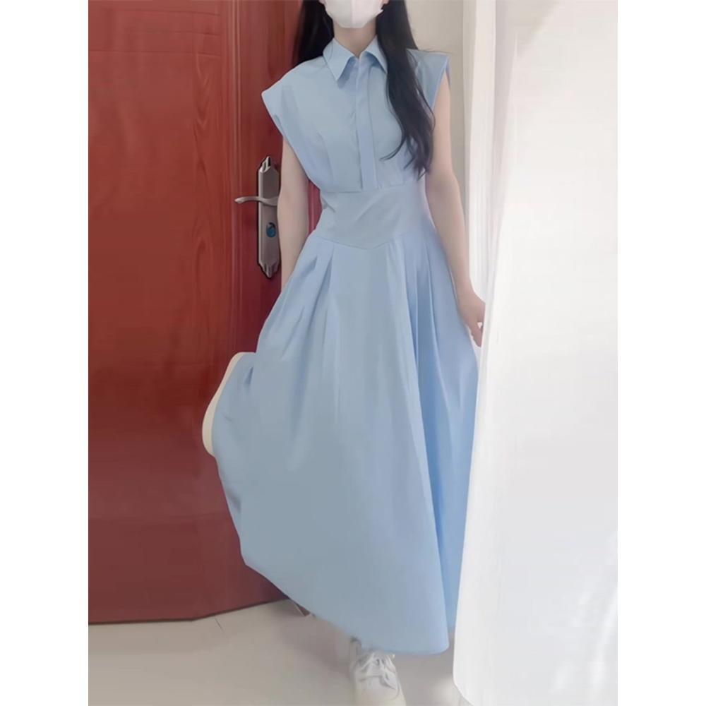 Retro literary style blue polo collar sleeveless dress gentle temperament waist a word long dress women's summer