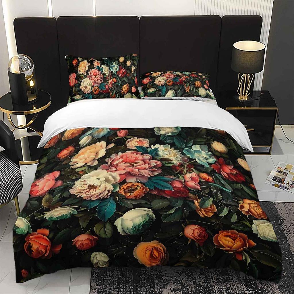 3pcs Vintage Floral Bedding Duvet Cover Set Bohemian Floral Bedding Quilt Set Dark Floral Themed Bed Quilt Set Luxury