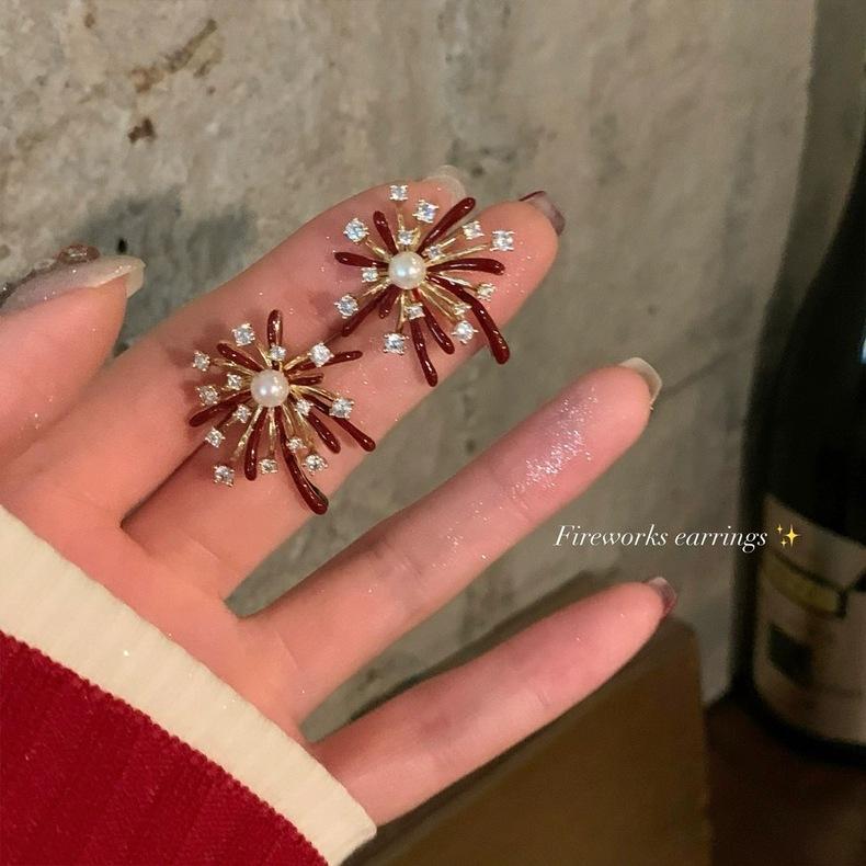

New Red Fireworks Stud Earrings Women S Earrings Light Luxury High-End Ear Jewelry Natal Niche Earrings