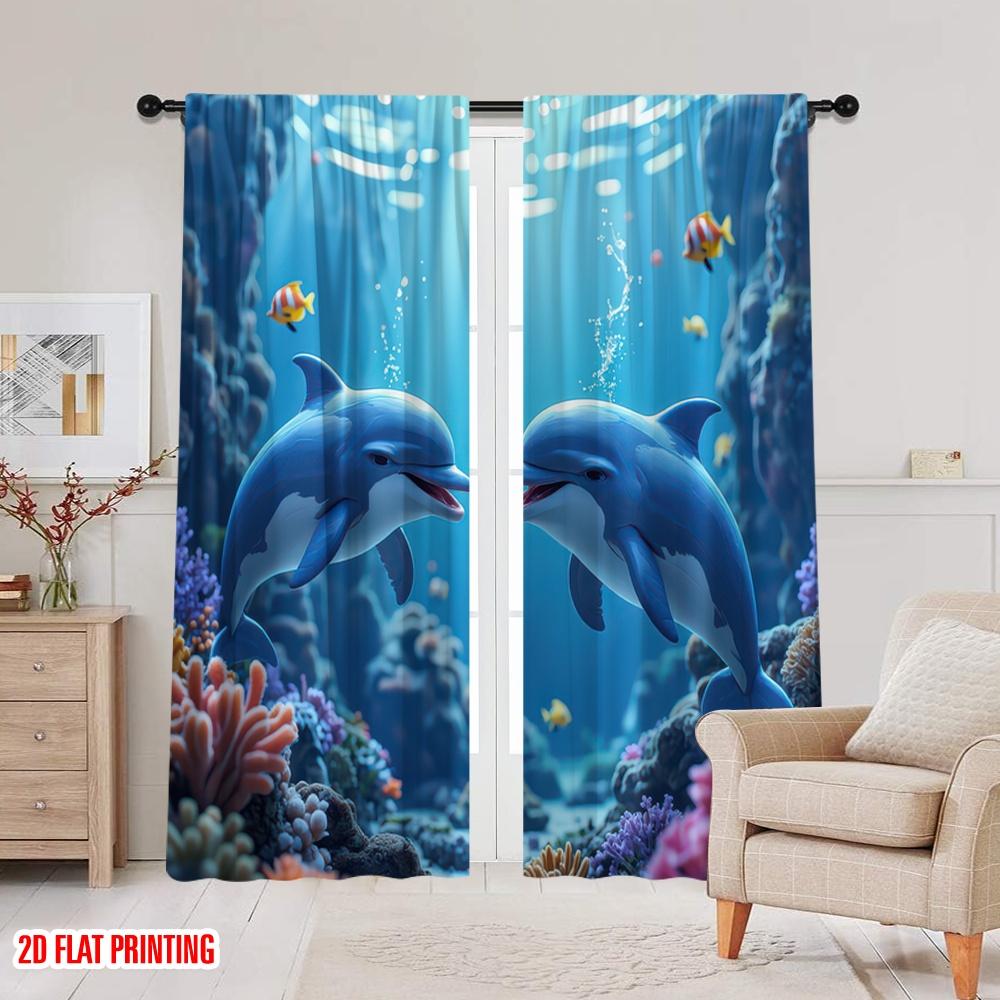 2D Flat Printing 2pcs Curtain Ocean Versatile Fabric,Without Electricity Spring Party & Holiday Decor for Festive Atmosphere