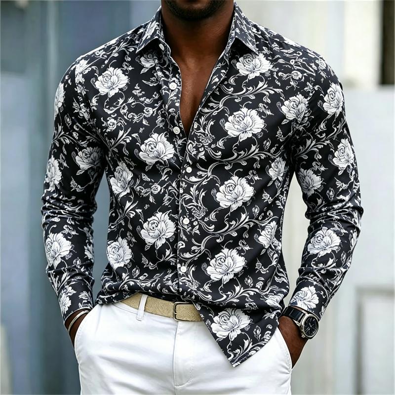 2026 Nuova Camicia da Uomo Stile Europeo e Americano Camicia Floreale Rosa Rossa Uomo Slim Fit Manica Lunga Stile Casual da Vacanza