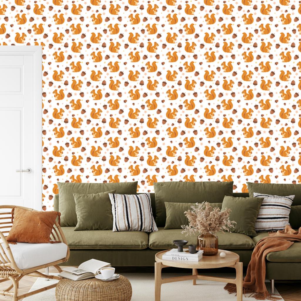 Squirrel Wallpaper White, Cream and Gold for Living Room and Bedroom 50x1000