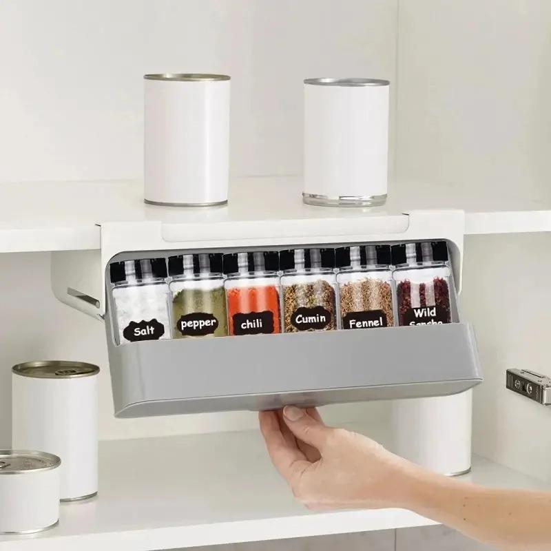 Punch-Free Hanging Seasoning Box Set: Multi-Functional Pull-Down Storage for MSG, Salt, and More.