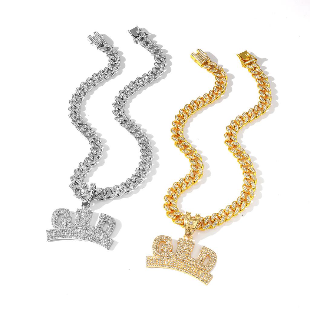 Men's Hip-Hop Style Gold Plated Link Chain Necklace with Alloy Crystal/Rhinestone Inlay GED Letter Pendant