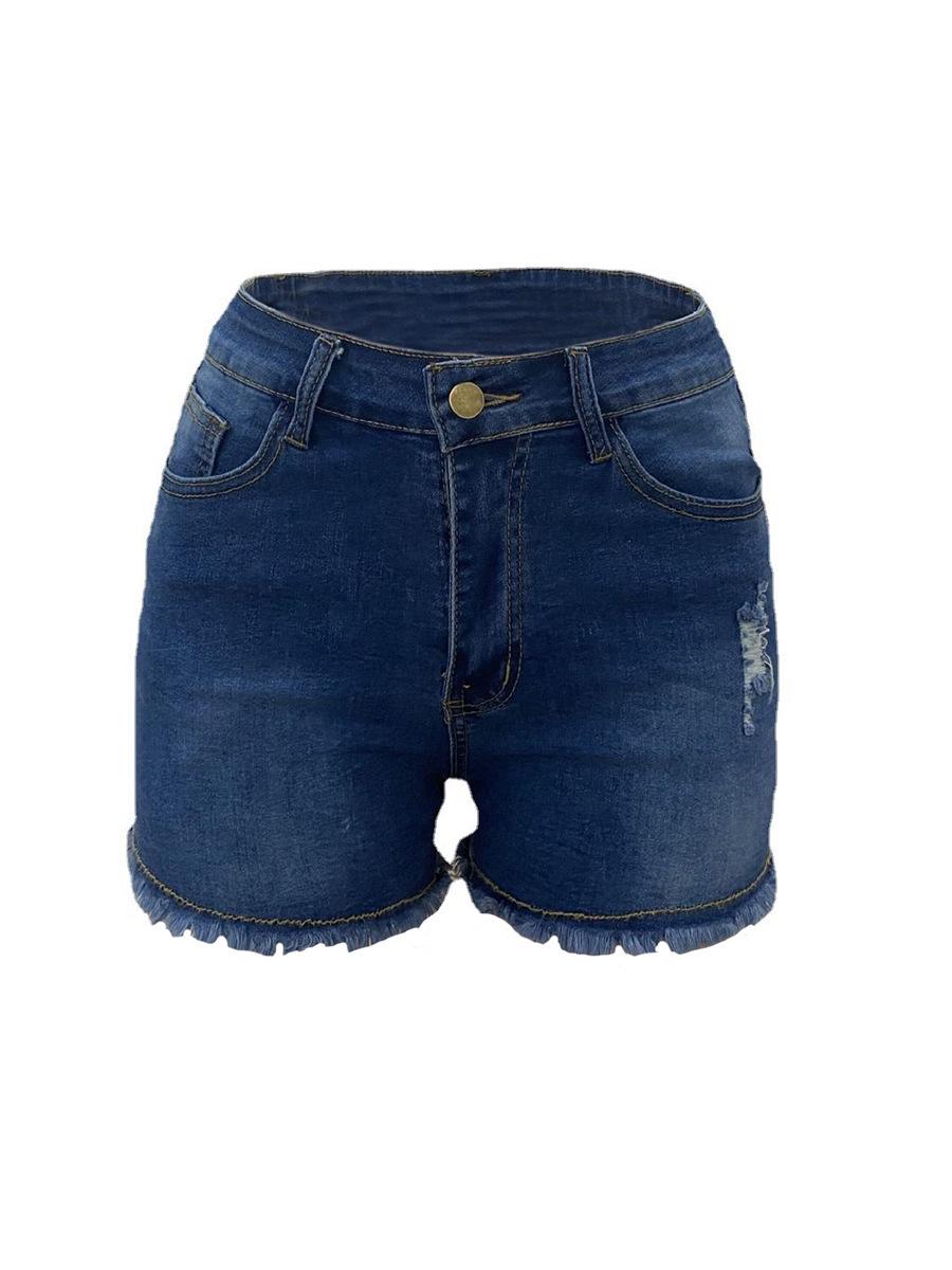 Women s Trendy High-Waist Frayed Denim Shorts - Summer Style Ripped & Water-Washed Jeans M темно-синий