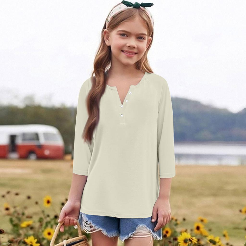 Print Tops For Youth Girls Round Neck 3/4 Sleeves T-Shirts Trendy Tops Outfit Tees