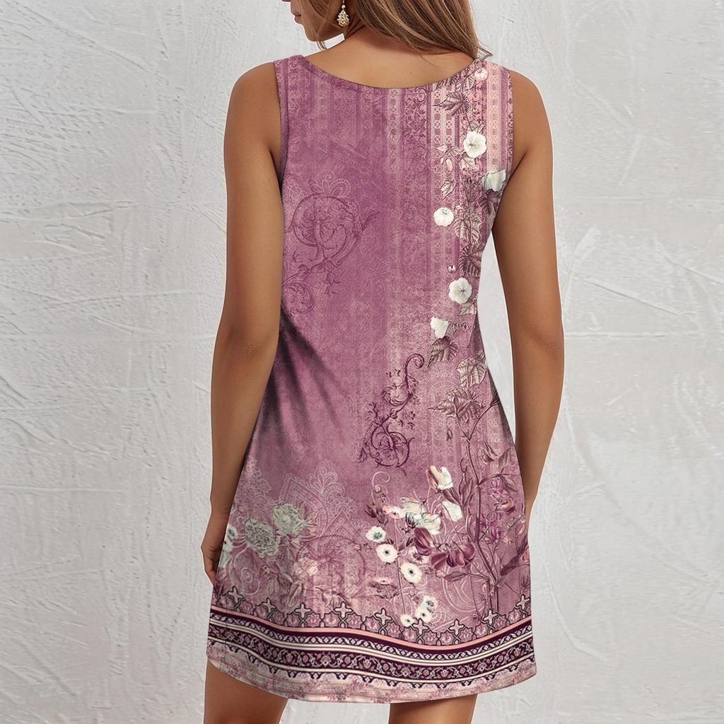 Women's Casual Sundress With Pockets Summer Boho Beach Dress T-Shirts Dress O Neck Loose Tank Dresses