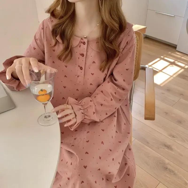 Spring and Autumn Heart Print Nightgown Sleepwear Women's Ruffles Night Dress One Piece Pajamas Long Sleeve Home Wear