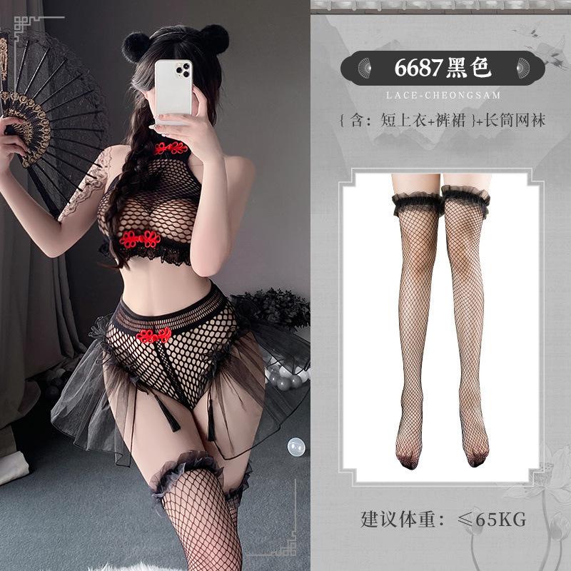 Chinese buckle tassel mesh split pack sex underwear sexy black mesh plus size set