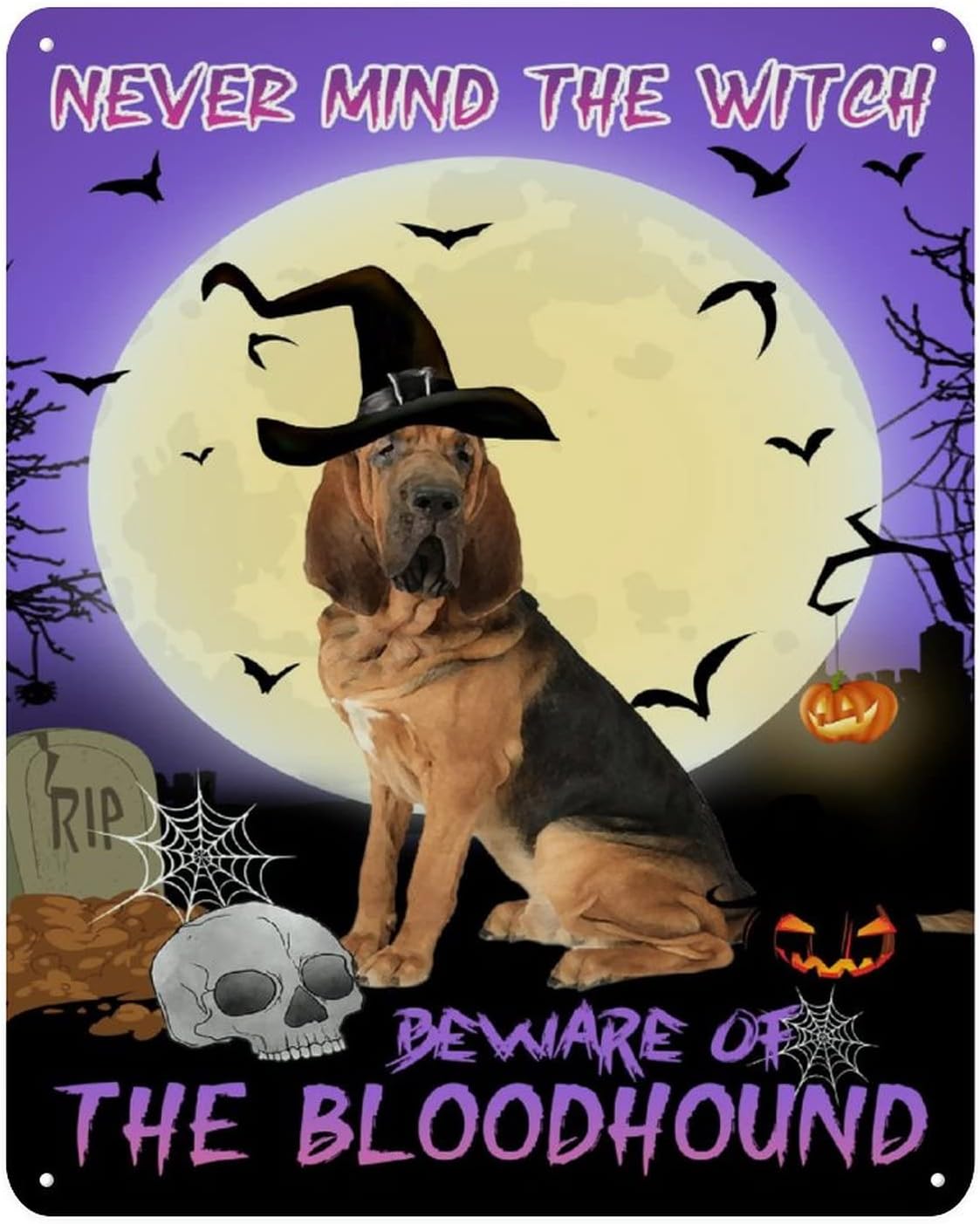 e1Never Mind The Witch Tin Sign Bloodhound Dog Metal Tin Sign Oct 31st Halloween RustProof Novelty Wall Art Decor for Bar Pub aluminum 20x30cm