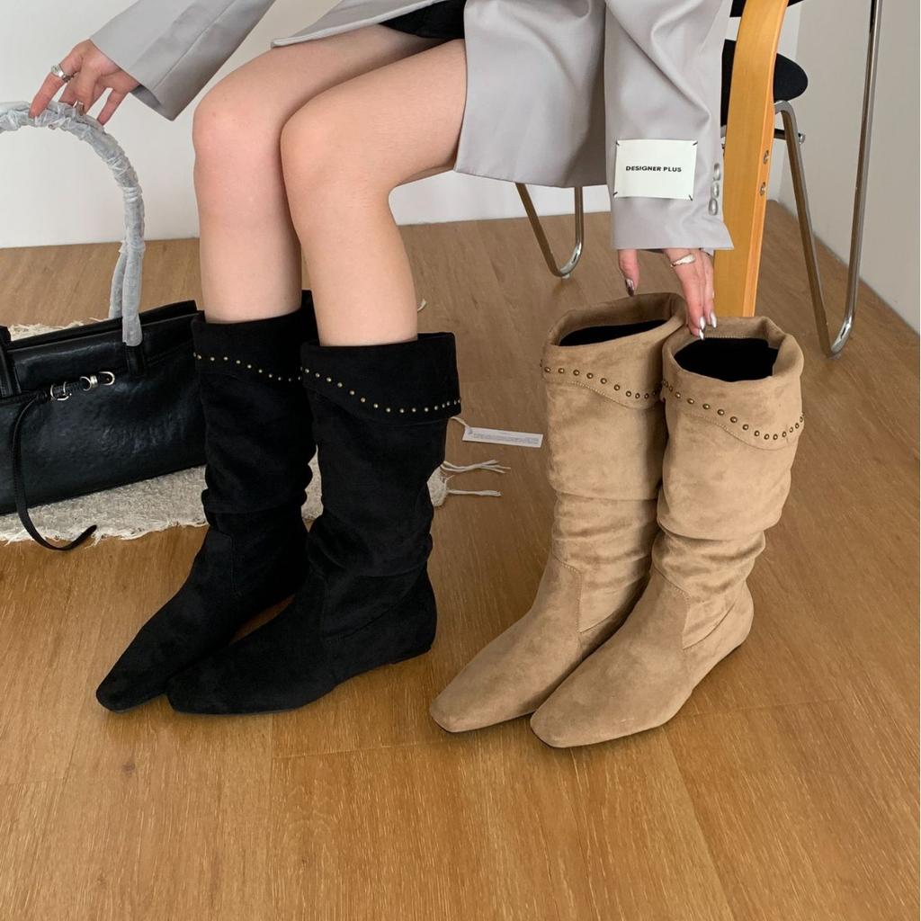 2025 Winter New Suede Inner Heightening Knight Boots Long Tube Thin Boots Rivet Boots Children's Pleated Stacking Boots