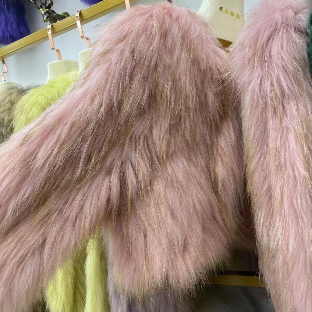 Real Raccoon Fur Braided Jacket Short Length 40cm Double-sided Encryption Slim Young Winter Tops Women's Coat