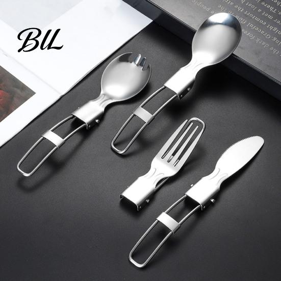 Corrosion Resistant Utensils Stainless Steel Folding Spoon Fork Cutter Straw Brush Foldable Flatware Outdoor Camping Picnic Hiking Collapsible Cutlery