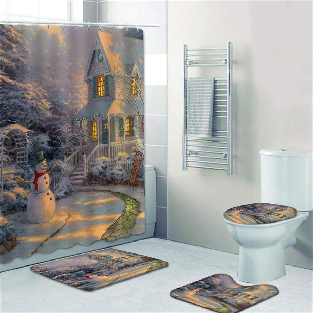 4pcs Merry Christmas Shower Curtain Polyester Shower Curtain Pedestal Rug Set Bathroom Decor Waterproof Curtain
