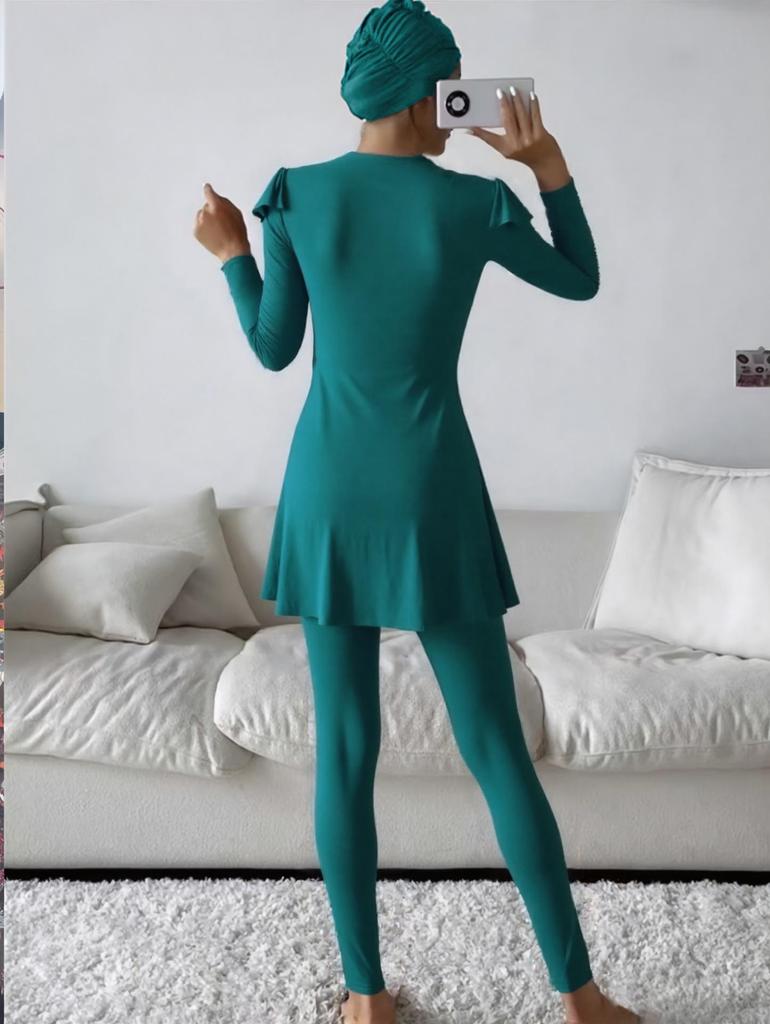 Plus Size Conservative Burkini: Long Sleeve, Swim Skirt & Long Shorts Set