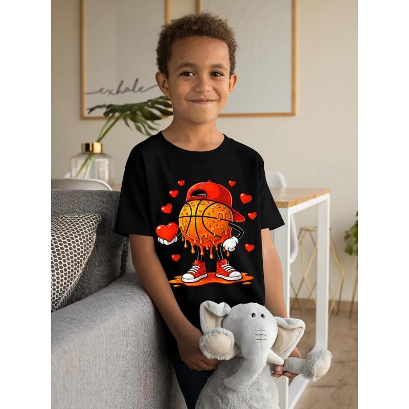European Sizes Soft Breathable Valentine Basketball Heart Drip Sport Valentines Day T-Shirt for Kids | Boys & Girls Graphic Tee - Round Neck
